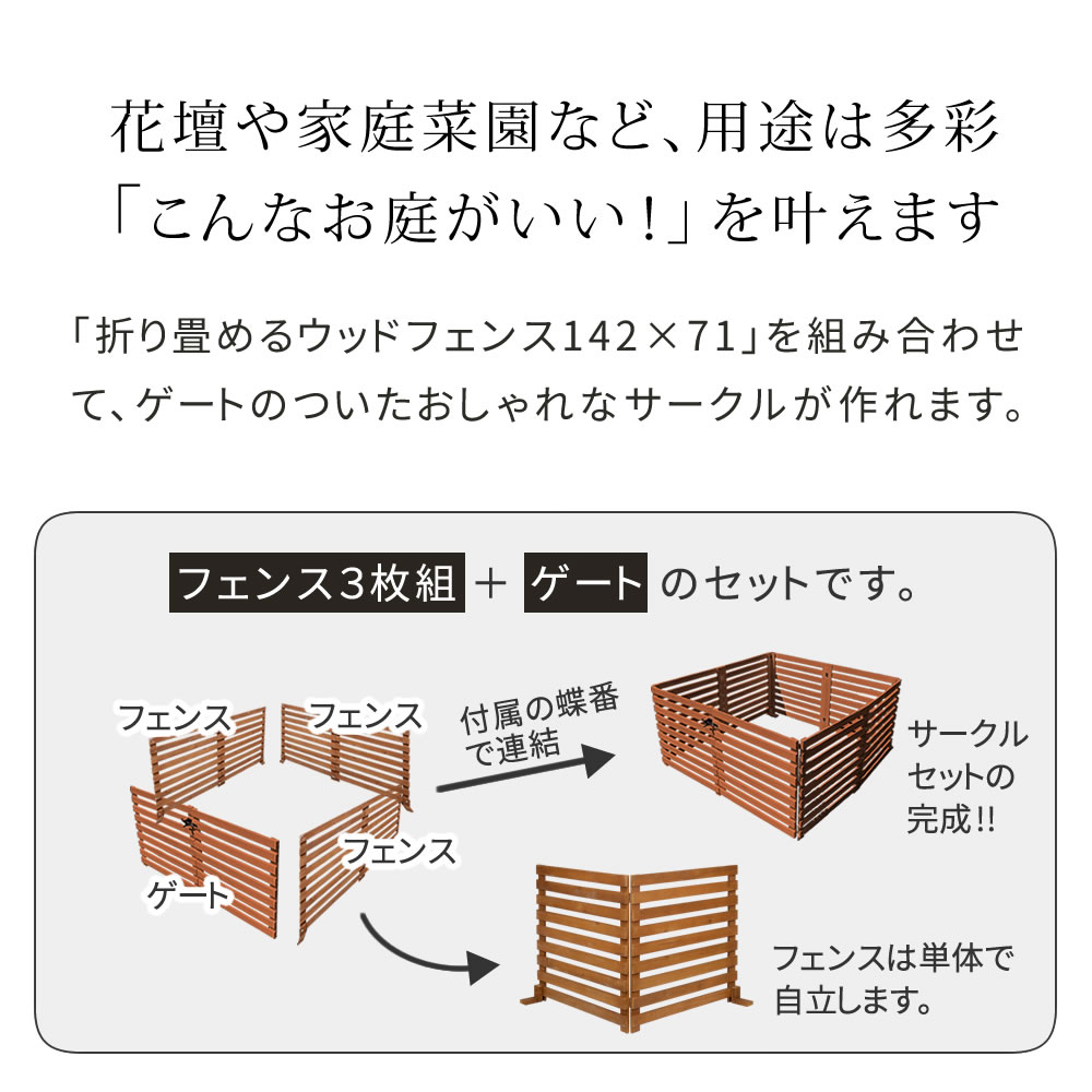 折り畳めるウッドフェンス ゲート付サークルセット（横ボーダー） 木製 天然木 ライトブラウン ホワイト グレー ダークグリーン commit1-10305143 コミットアンド楽天市場店 サンプル画像3