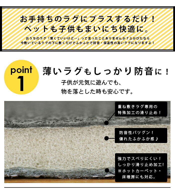 送料無料 ふかふか クッションラグ 洗える ボリュームラグ 滑り止め付き すべり止め 防音 ふかピタ Sサイズ 約3畳 170×230cm 床暖房 ホットカーペット対応 コンパクト収納 リビングラグ ラグ専用下敷き グレー おしゃれ 子供部屋