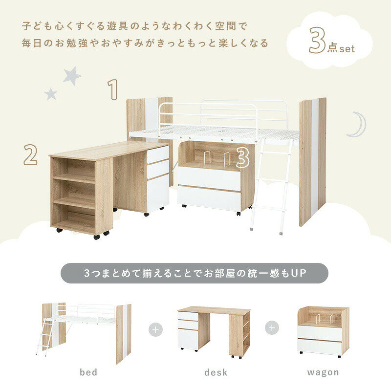 システムベッド ロフトベッド 3点セット (ベッド・デスク・ワゴン) 子供部屋 ベッド 勉強机 サイドシェルフ ロータイプ ワンルーム ベッド下収納 キャスター付き 幅102×長さ203×高さ119cm 3段引き出し収納 通気性 幅広ガード [2]