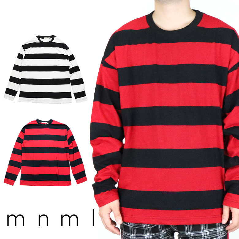 【50%OFF】 mnml ミニマル BIG STRIPED L/S TEE ビッグ ロング シルエット 長袖 Tシャツ ロンティー ロンT ボーダー ワイド ビッグ ビッグTシャツ ロングシルエット 長袖Tシャツ カットソー レイヤード レッド 海外ブランド インポート メンズ ヒップホップ B系 ストリート