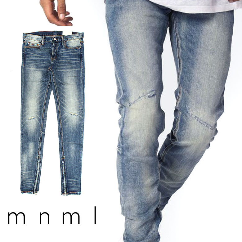 mnml ミニマル M12 STRETCH DENIM BLUE クラッシュ ダメージジーンズ デニムパンツ ストレッチ デニム スキニー スキニージーンズ ジーンズ メンズ ジップ付 サイドジッパー サイド ジッパー 裾ジップ ZIP インポート ブランド ストリート ファッション ★Re