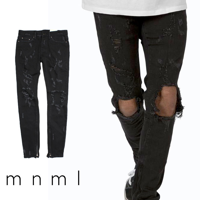  mnml ミニマル M47 STRETCH DENIM BLACK クラッシュ ダメージジーンズ ダメージ デニムパンツ スキニー スキニージーンズ ストレッチ ジーンズ メンズ ジップ付 サイドジッパー サイド ジッパー 裾ジップ ZIP インポート ブランド ストリート ファッション