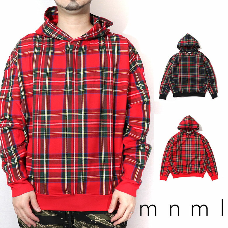 【40 OFF】 mnml ミニマル PLAID HOODIE ワイド ビッグ シルエット スウェット クルー パーカー プルオーバー プルパーカー ビック ビッグTシャツ タータンチェック チェック 大きいサイズ 海外ブランド インポート メンズ ヒップホップ B系 ストリート系