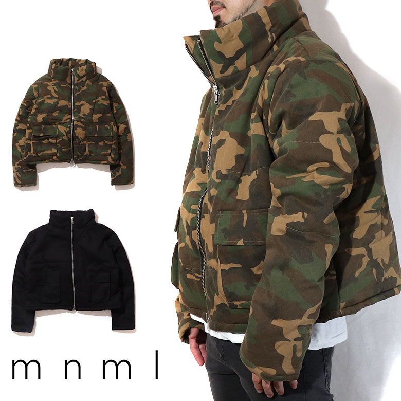 【40%OFF】 mnml ミニマル CROPPED PUFFER JACKET 中綿 ダウン ジャケット スタンド アウター ワイド ビッグ シルエット ダウンジャケット カモ 迷彩 ブラック 黒 ドロップショルダー ビッグ アウター 大きいサイズ 海外ブランド メンズ ヒップホップ ストリート系