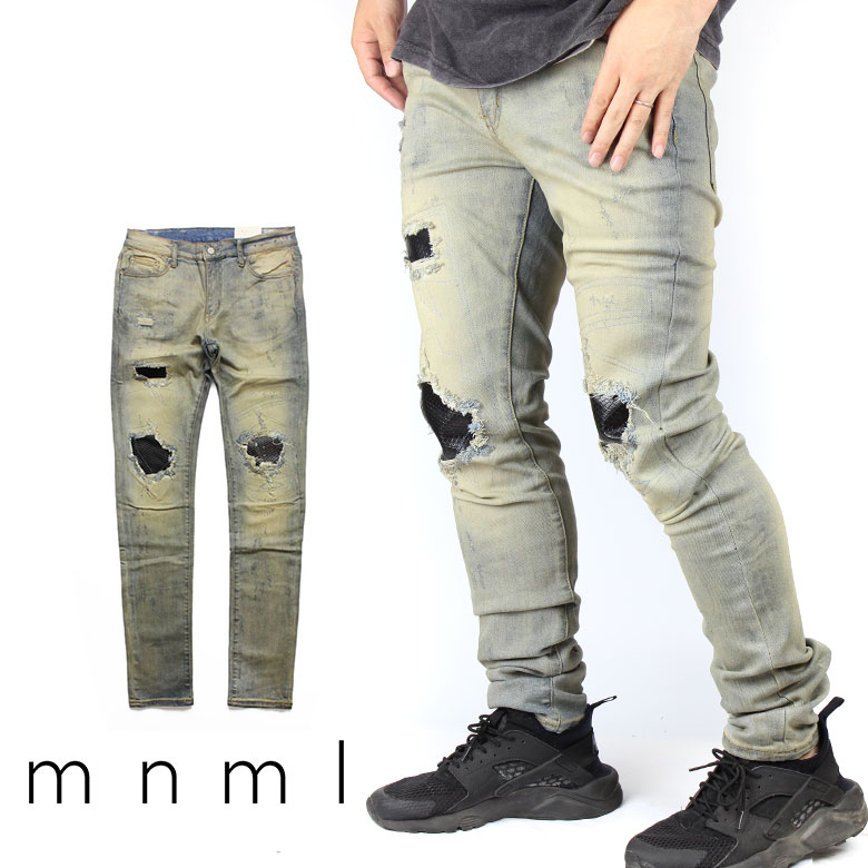 【20%OFF】 mnml ミニマル X163 STRETCH DENIM クラッシュ ダメージジーンズ ダメージ デニムパンツ デニム スキニー スキニージーンズ ストレッチ ジーンズ メンズ タイト デニム インポート ブランド ストリート ファッション