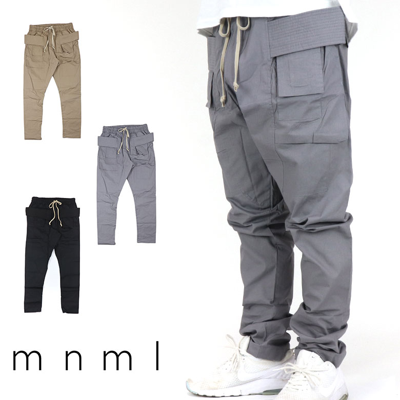 mnml ミニマル DROP CROTCH CARGO PANT カーゴ トラックパンツ ジャージ カーゴパンツ トラック パンツ ジョガーパンツ ジップ付 サイドジッパー サイド ジッパー 裾ジップ ZIP ブラック オリーブ メンズ ドローコード ベルトひも ワイドパンツ ブランド ストリート