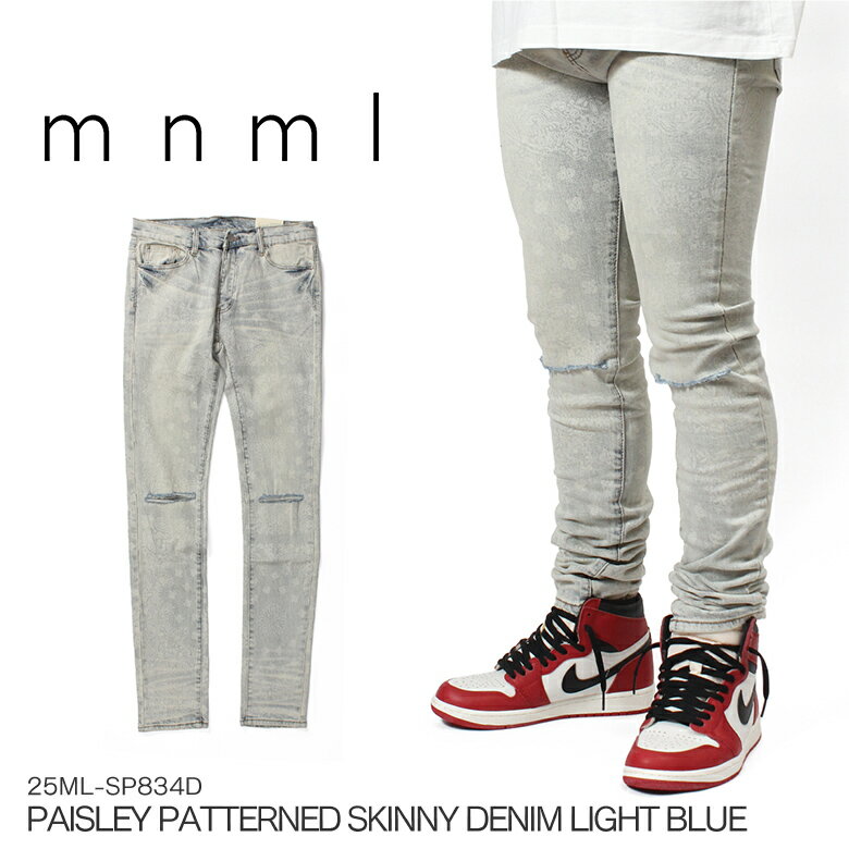 Rakuten - mnml ミニマル X696 PAISLEY PATTERNED SKINNY DENIM LIGHT BLUE スキニー デニムパンツ ストレッチ スキニーデニム スキニージーンズ ジーンズ メンズ ブルー インポート ブランド ストリート ファッション