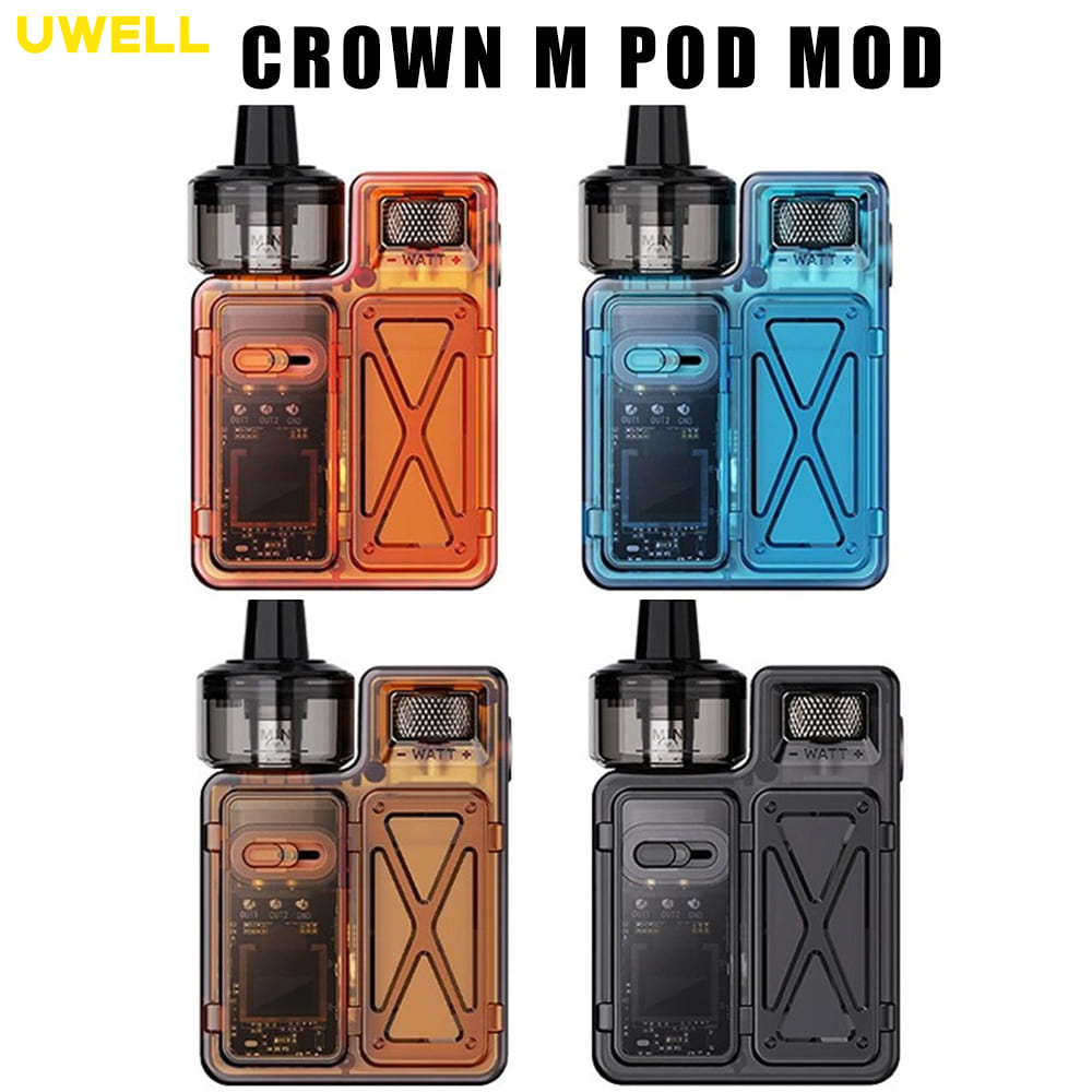 Uwellの大人気シリーズCROWNから、さらにパワーアップしたCrown M POD MODが登場。 こちらのCrown M POD MODは、透明なケースから内臓基盤が見え、ちょっぴりおしゃれなデザイン。 独自の新しいツインコイルを使用し、1つのコイルで2種類の抵抗値が楽しめる従来機にはないPOD MODです。 モード切替により、1つのコイルで0.8ohmと0.4ohmの両方で使用することが可能。 スクロールホイールを左右にクルっと回すだけで簡単に切り替えができるのも嬉しいポイントです。 0.6ohmのスペアコイルも付属しているので、自分に合ったコイルを選ぶことができます。 リキッド容量は4mlと大きく、PODを本体から外さず、上から手軽にリキッドチャージが行えます。 エアフローコントロールでのエアーの調節、スクロールホイールで出力も変更可能なので、好みの吸引スタイルでご使用いただけます。 メインとしてはもちろん、サブ機としてもおすすめです!!