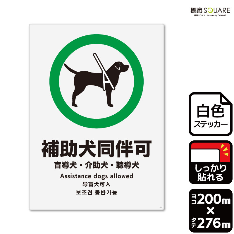 標識SQUARE　「補助犬同伴可」　CFK1137　【ホワイトフィルムステッカー　強粘着】タテ型　横200mm×縦276mm