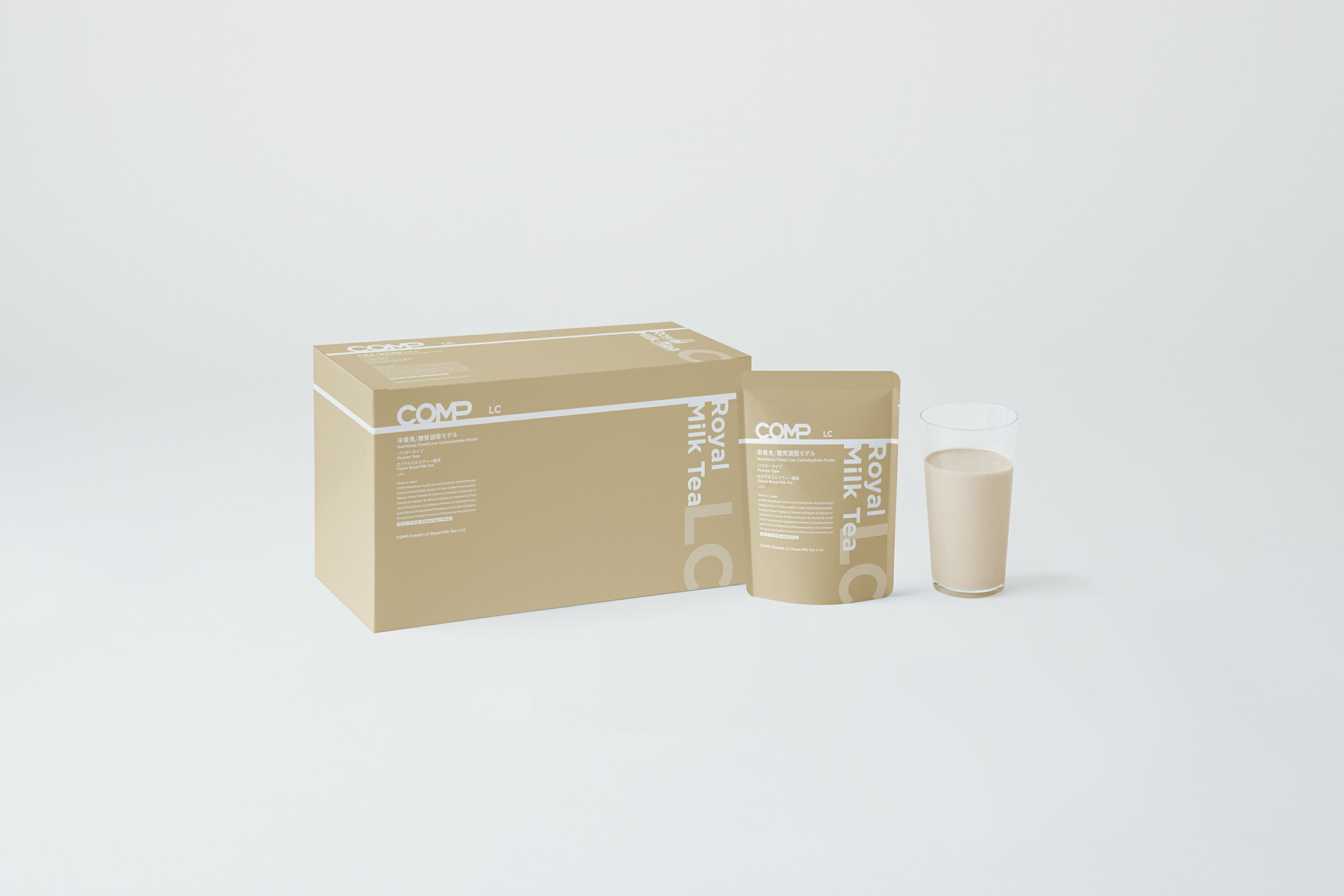 COMP Powder LC Royal Milk Tea v.1.0（1袋/73g x 12袋入）糖質量5.1g/400kcal　たんぱく質25g/400kcal バランス栄養食 糖質調整モデル 低糖質 高たんぱく質 必須アミノ酸 必須脂肪酸 中鎖脂肪酸 食物繊維 ビタミン ミネラル ポリフェノール