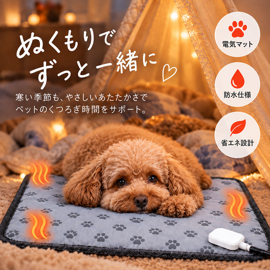 商品詳細: ■商品説明 【安心安全のペット用ホットカーペット】 LOW(35℃)/HIGH(55℃)の2段階の出力モードを搭載。 温度の過上昇を防止する安全機能付きで、本体の温度が一定以上に上昇した場合、自動的に電源がオフになります。 【噛みつき防止】 電源コードは噛みつき防止のラセン管で、ヒートコンポーネントと電源コードを保護します。 耐久性に優れた素材を使用し、噛みつきによる破れや水の浸入を防ぎます。 【均一加熱＆省エネ】 1時間の電気代は約0.3円です。 【ふわふわ替え用カバー付】 カバー取り外し可能、いつでも洗濯機で丸洗いできます。ヒーター本体は汚れた時にサッと水拭きすれば大丈夫。 冬にペットベッドに入れて最適、新生動物にももこもこ感じられます。 ■仕様 電源:110V 消費電力:20w 安全装置:電流ヒューズ、温度ヒューズ サイズ:45 * 45cm （約） 本体重量:約0.8kg ■キーワード 靴下 ソックス ミドル丈 綿混 フットウエア カラーソックス 秋冬 プレゼント ポイント消化 新作 運動 抗菌 防臭 無地 暖か セット メーカー希望小売価格はメーカーサイトに基づいて掲載しています メーカー希望小売価格はメーカーサイトに基づいて掲載しています メーカー希望小売価格はメーカーサイトに基づいて掲載しています メーカー希望小売価格はメーカーサイトに基づいて掲載しています メーカー希望小売価格はメーカーサイトに基づいて掲載しています メーカー希望小売価格はメーカーサイトに基づいて掲載しています