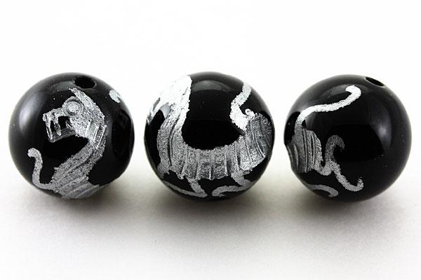 Genuine, Semi-Precious Stones - 【彫刻ビーズ】オニキス 10mm (銀彫り) 白虎 [1粒売り(バラ売り)] 【パワーストーン 天然石 アクセサリー】