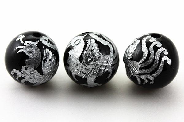 【彫刻ビーズ】オニキス 10mm (銀彫り) 朱雀 [1粒売り(バラ売り)] 【パワーストーン 天然石 アクセサリー】
