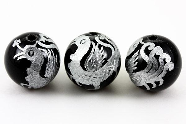 【彫刻ビーズ】オニキス 14mm (銀彫り) 朱雀 [1粒売り(バラ売り)] 【パワーストーン 天然石 アクセサリー】