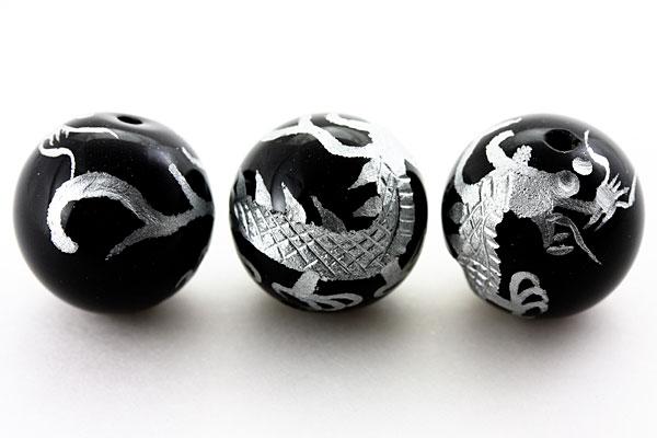 Genuine, Semi-Precious Stones - 【彫刻ビーズ】オニキス 16mm (銀彫り) 青龍 [1粒売り(バラ売り)] 【パワーストーン 天然石 アクセサリー】