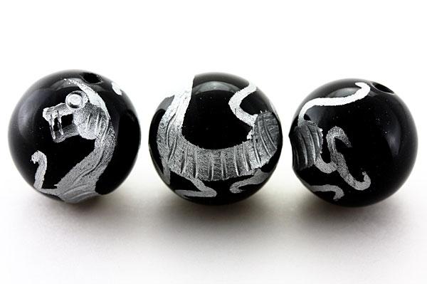 Genuine, Semi-Precious Stones - 【彫刻ビーズ】オニキス 16mm (銀彫り) 白虎 [1粒売り(バラ売り)] 【パワーストーン 天然石 アクセサリー】