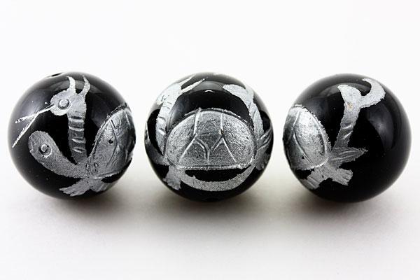 【彫刻ビーズ】オニキス 16mm (銀彫り) 玄武 [1粒売り(バラ売り)] 【パワーストーン 天然石 アクセサリー】