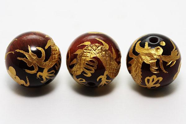 【彫刻ビーズ】レッドタイガーアイ 12mm (金彫り) 五爪龍 [1粒売り(バラ売り)] 【パワーストーン 天然..