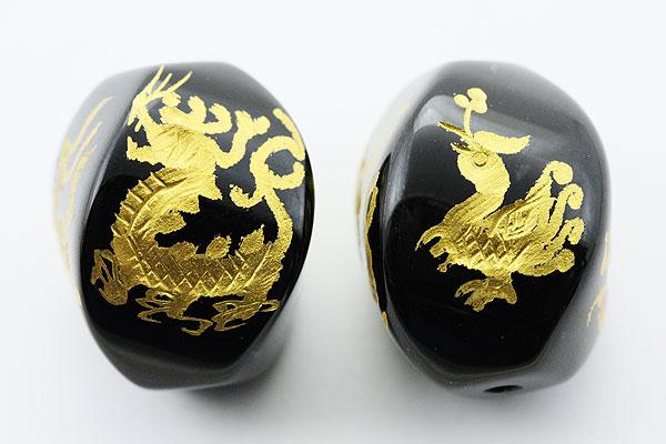 【彫刻ビーズ】オニキス (金彫り) 四神獣(全周彫り)◆「ウェーブ型」約14×19mm [1粒売り(バラ売り)] ※DM便・ネコポス不可※ 【パワーストーン 天然石 アクセサリー】
