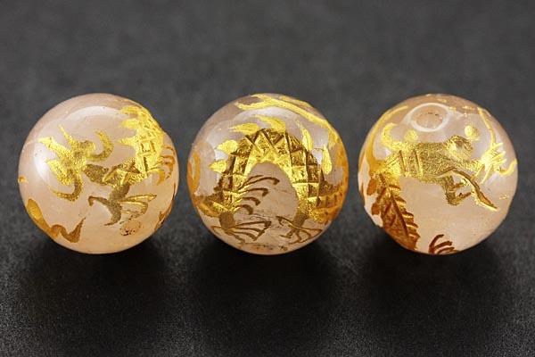 【彫刻ビーズ】ローズクォーツ10mm (金彫り) 五爪龍 [1粒売り(バラ売り)] 【パワーストーン 天然石 ア..