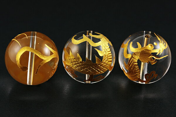 【彫刻ビーズ】水晶 20mm (金彫り) 青龍 [1粒売り(バラ売り)] ※DM便・ネコポス不可※ 【パワーストーン 天然石 アクセサリー】