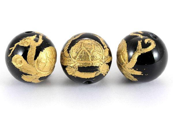 Genuine, Semi-Precious Stones - 【彫刻ビーズ】オニキス 10mm (金彫り) 玄武 [1粒売り(バラ売り)] 【パワーストーン 天然石 アクセサリー】