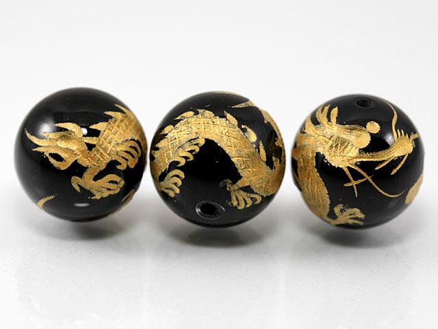 Genuine, Semi-Precious Stones - 【彫刻ビーズ】オニキス 16mm (金彫り) 五爪龍 [1粒売り(バラ売り)] 【パワーストーン 天然石 アクセサリー】