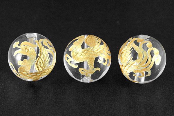 【彫刻ビーズ】水晶 12mm (金彫り) 朱雀 [1粒売り(バラ売り)] 【パワーストーン 天然石 アクセサリー】