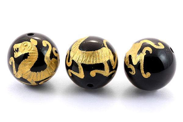 【彫刻ビーズ】オニキス 16mm (金彫り) 白虎 [1粒売り(バラ売り)] 【パワーストーン 天然石 アクセサリー】