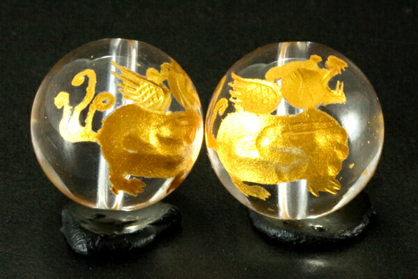 Genuine, Semi-Precious Stones - 【彫刻ビーズ】水晶 14mm (金彫り) 貔貅(ひきゅう)右向き [1粒売り(バラ売り)] 【パワーストーン 天然石 アクセサリー】