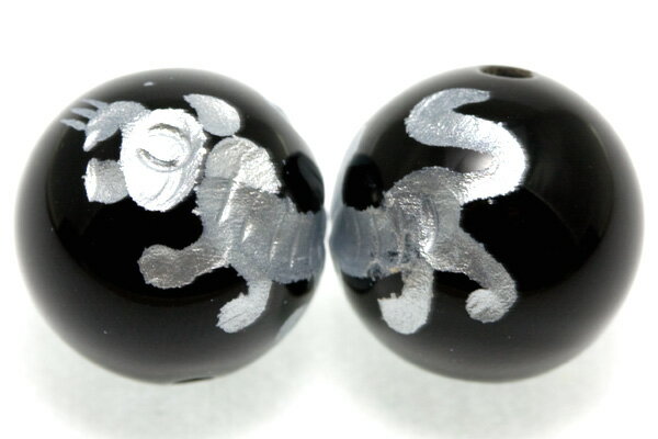 Genuine, Semi-Precious Stones - 【彫刻ビーズ】オニキス 14mm (銀彫り) 虎 [1粒売り(バラ売り)] 【パワーストーン 天然石 アクセサリー】