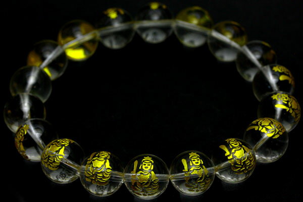 【彫刻ビーズ】水晶 (金彫り) 八大観音 文珠菩薩 (12mm) (ブレスレット/半連売り) 【パワーストーン 天然石 アクセサリー】