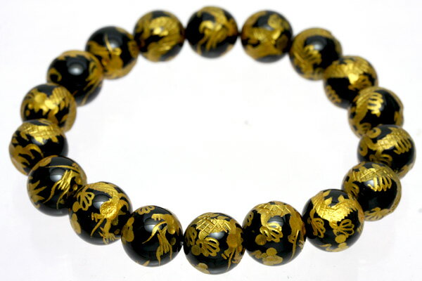 【彫刻ビーズ】オニキス (金彫り) 五爪龍 (12mm) (ブレスレット/半連売り) 【パワーストーン 天然石 アクセサリー】