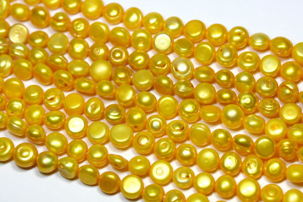 Genuine, Semi-Precious Stones - 【カットビーズ】淡水パール (イエロー) 平丸型 約4×7mm 【パワーストーン 天然石 アクセサリー 1連売り】