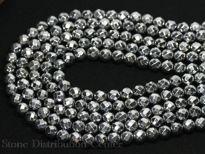 【カットビーズ】ヘマタイト(シルバーメッキ) 64面カット 8mm【パワーストーン 天然石 アクセサリー 1連売り】