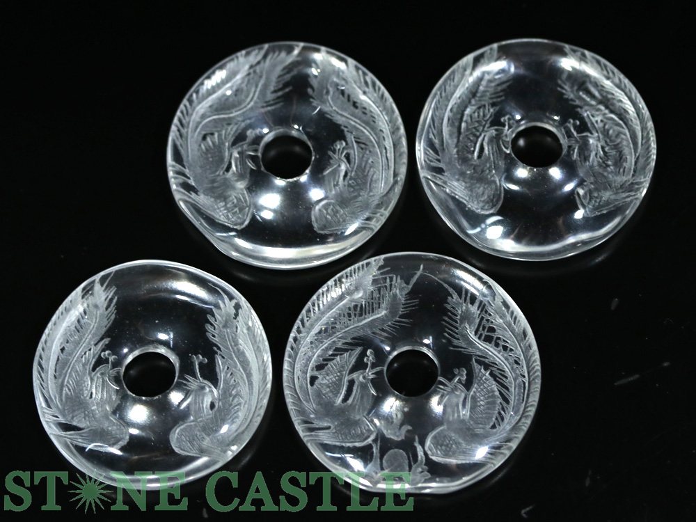 【置き石】ドーナツ型(ピーディスク) 30mm 水晶彫刻 鳳凰 (素彫り) (4個セット) ★特価★【パワーストーン 天然石 アクセサリー レディース メンズ】