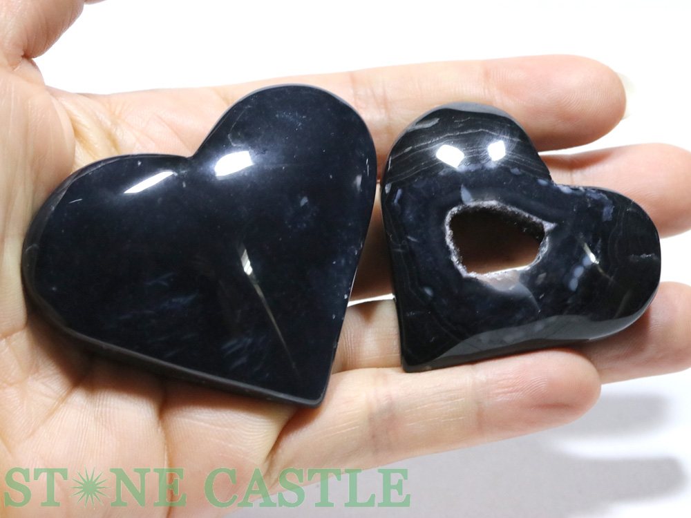 ☆一点物☆【置き石】ハート型 ドゥルージーブラックサードオニキス (2個セット) No.11【パワーストーン 天然石 アクセサリー】
