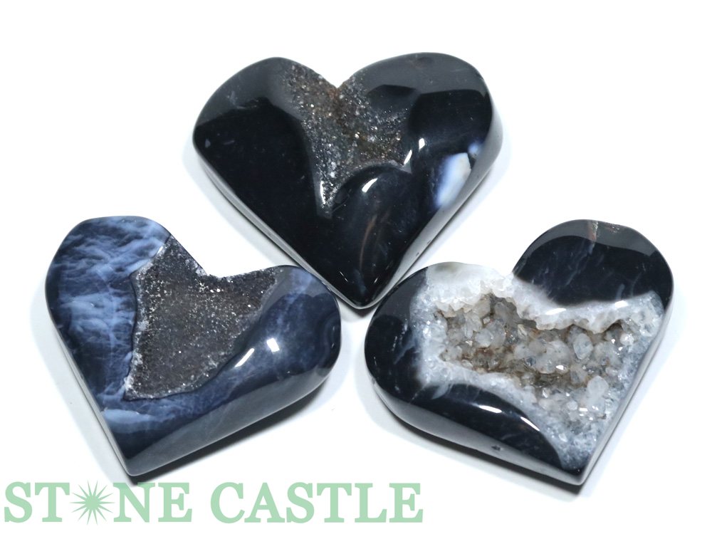 ☆一点物☆【置き石】ハート型 ドゥルージーブラックサードオニキス (3個セット) No.23【パワーストーン 天然石 アクセサリー】