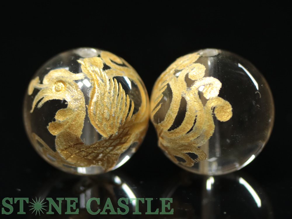 【彫刻ビーズ】水晶 16mm (金彫り) 朱雀 (浅彫り) (11粒セット) (数量限定商品) 【パワーストーン 天然石 アクセサリー】