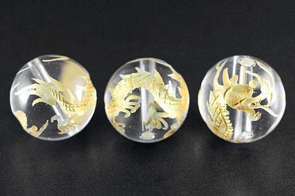 【彫刻ビーズ】水晶 16mm (金彫り) 五爪龍 チャーム付き【パワーストーン 天然石 アクセサリー】