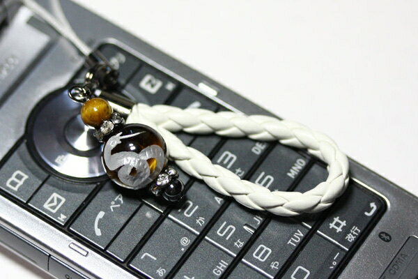 【ストラップ】革ひも編み込みストラップ (白ひも) タイガーアイ 蛇 (銀彫り)12mm 【パワーストーン 天然石 アクセサリー】