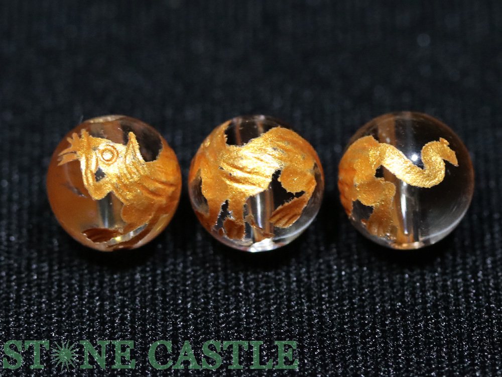 【彫刻ビーズ】水晶 8mm (金浅彫り) 四神獣 (粒売り) 各種【パワーストーン 天然石 アクセサリー】