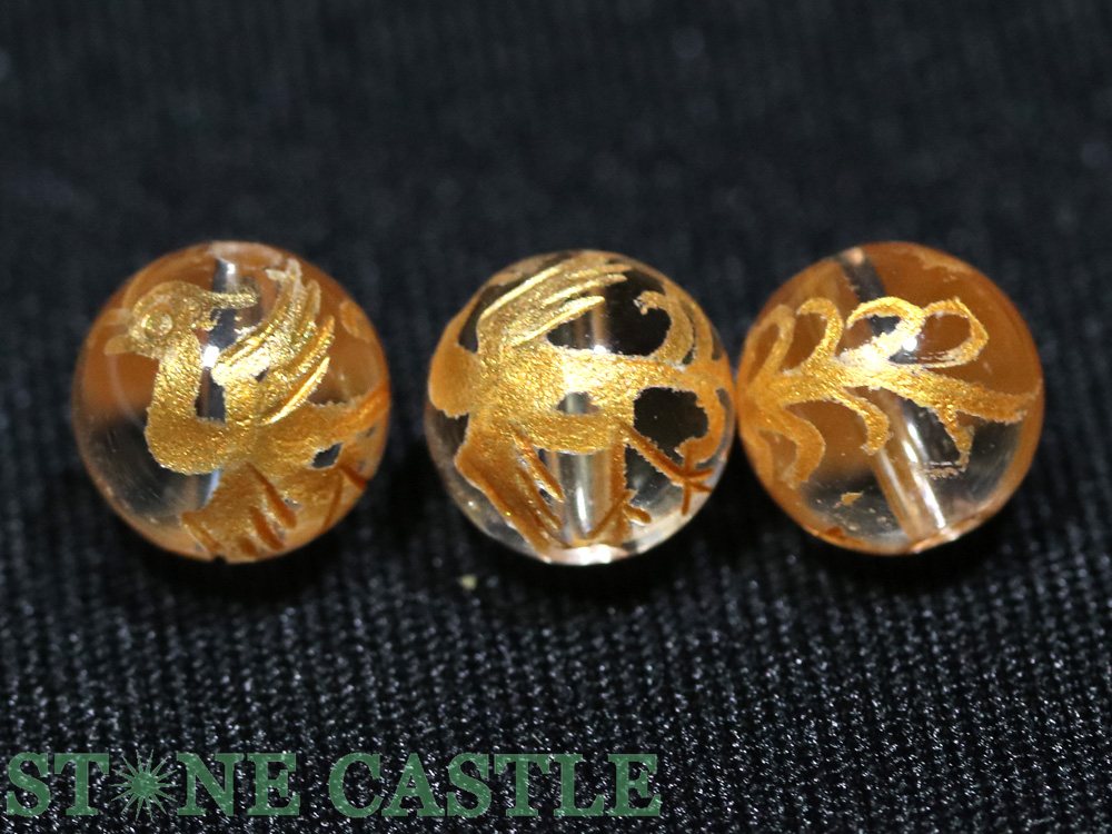 【彫刻ビーズ】水晶 8mm (金浅彫り) 四神獣 (一連売り) 各種【パワーストーン 天然石 アクセサリー】