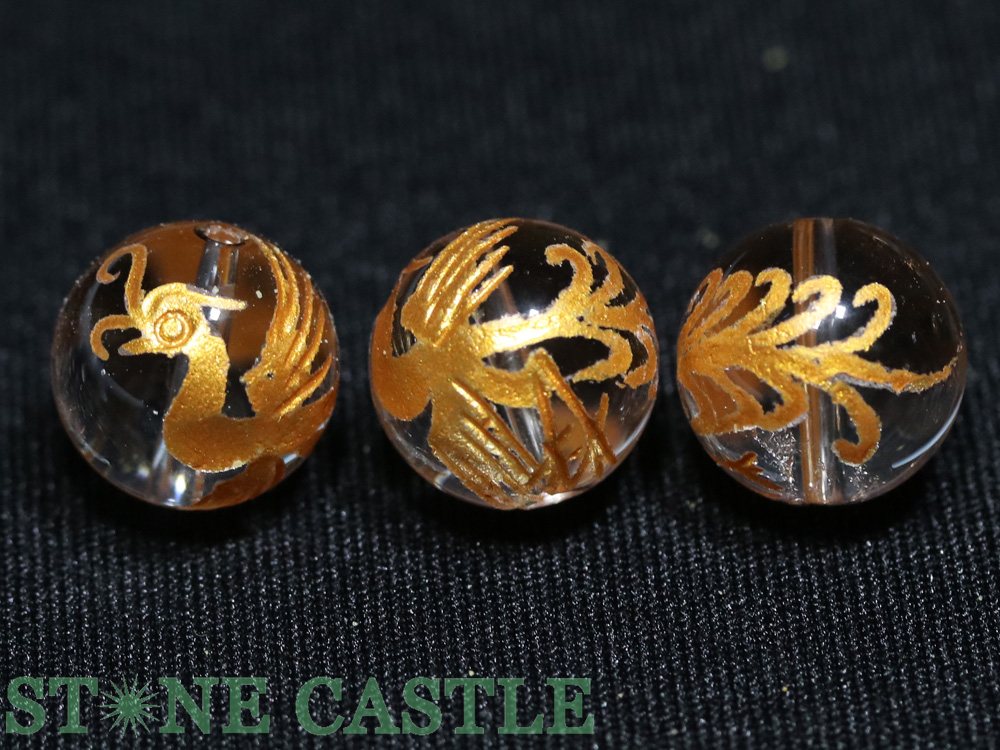 【彫刻ビーズ】水晶 12mm (金浅彫り) 四神獣 (半連売り) 各種【パワーストーン 天然石 アクセサリー】