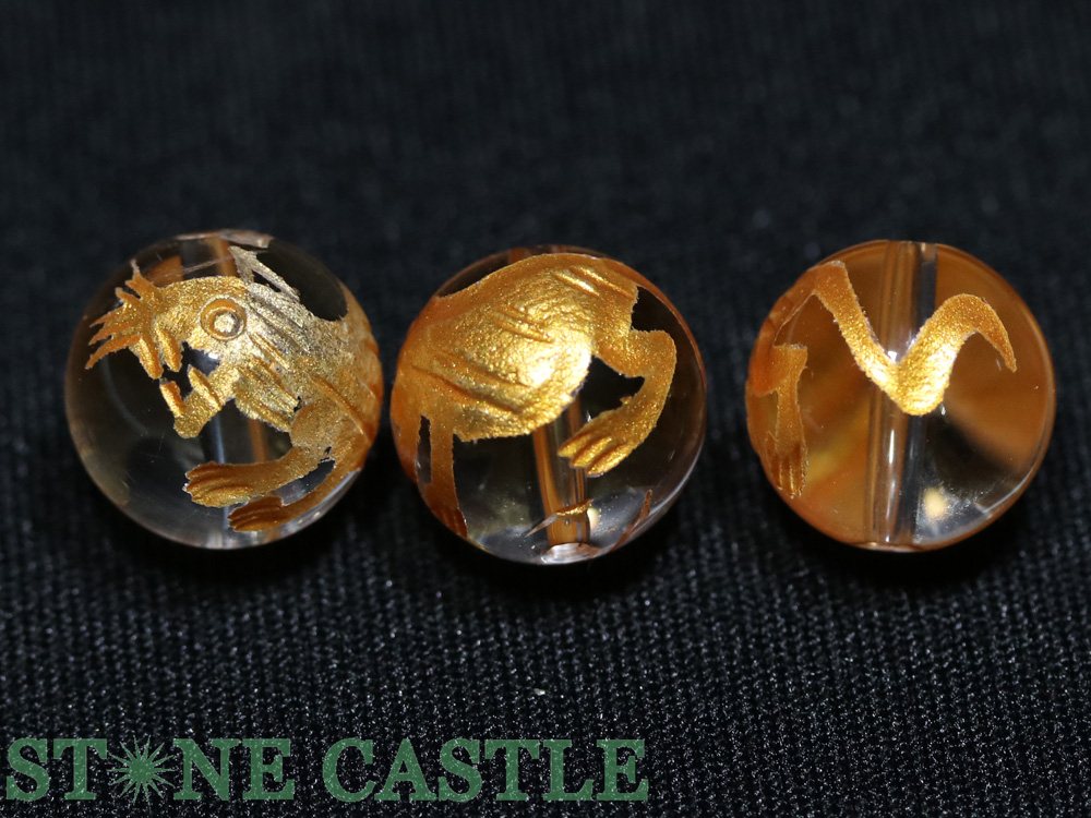 【彫刻ビーズ】水晶 12mm (金浅彫り) 四神獣 (一連売り) 各種【パワーストーン 天然石 アクセサリー】