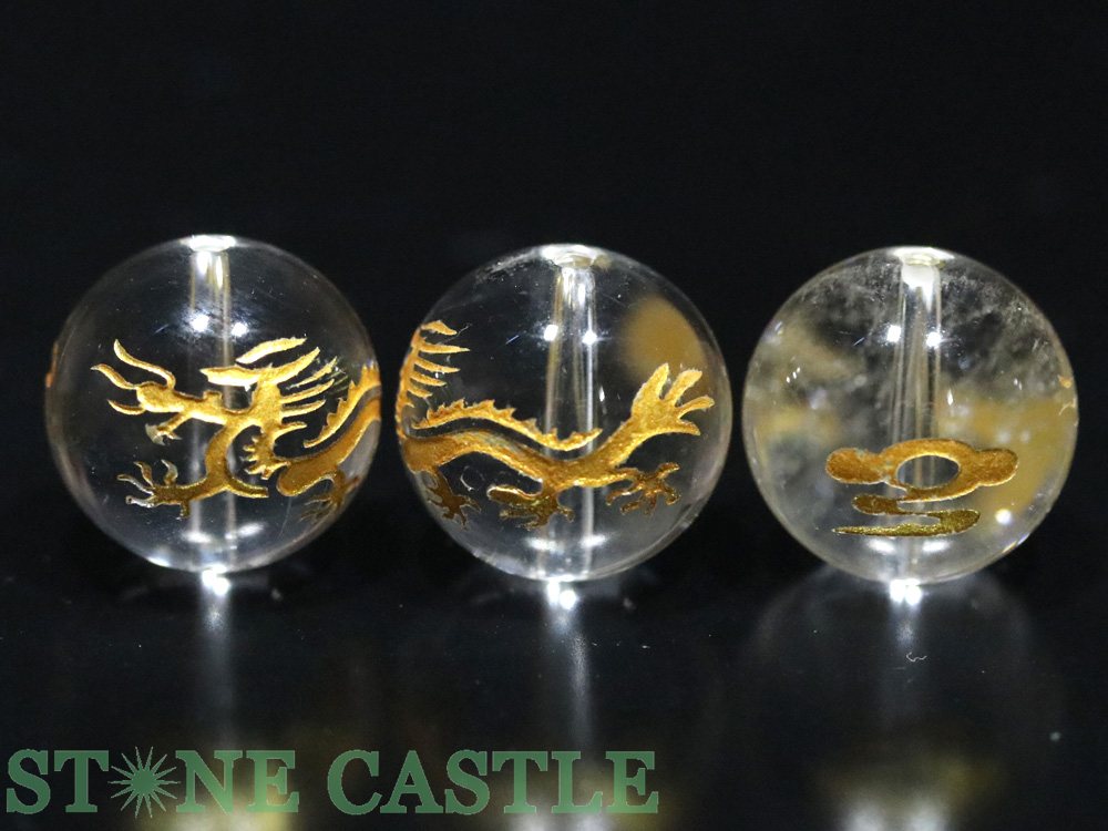 【彫刻ビーズ】水晶 14mm (金浅彫り) 四神獣 (半連売り) 各種【パワーストーン 天然石 アクセサリー 半連売り】