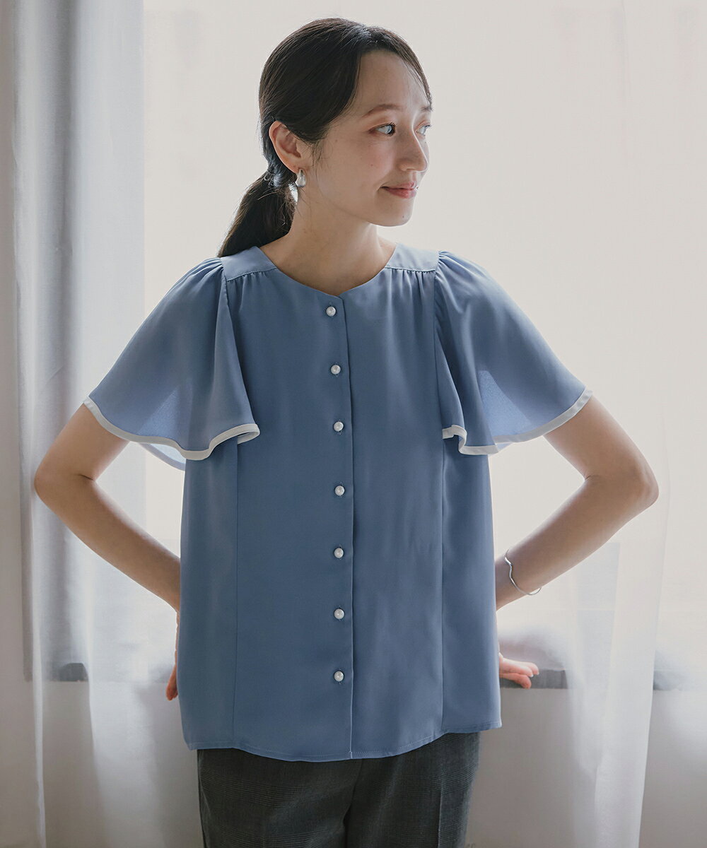 小さいサイズ　ジョーゼット配色フレア袖ブラウス　低身長さん・小柄女性　通勤　オフィスカジュアル　仕事　プッチージョ　petitjo competito-10000724 低身長さん向け専門店Petitjo サンプル画像3
