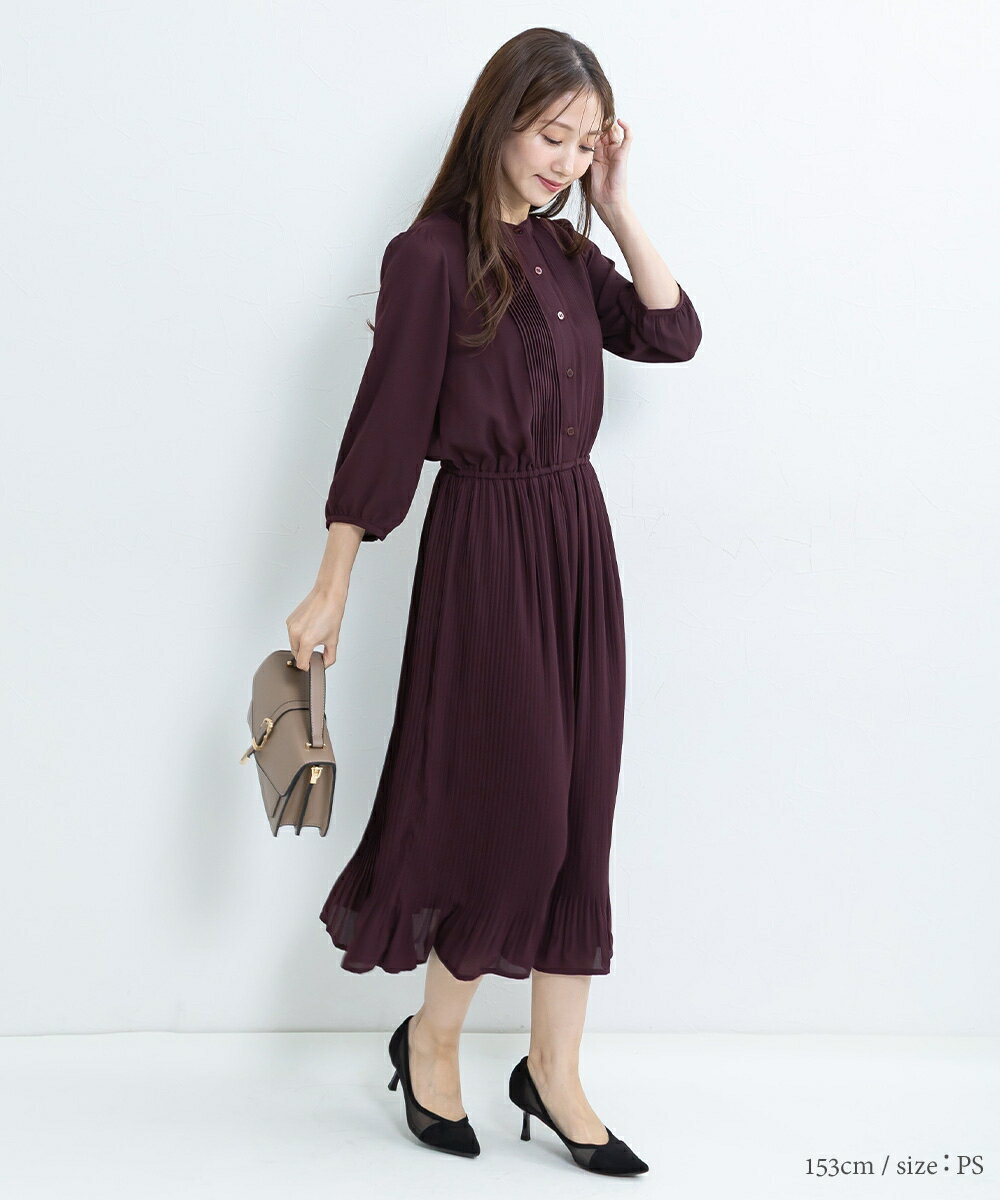 小さいサイズ ワンピース レディース 8分袖 ピンタック プリーツ パーティー きれいめ 結婚式 お食事会 お出かけ ロング マキシ 大人可愛い 低身長 小柄 XS SS S プッチージョ petitjo - Image 2
