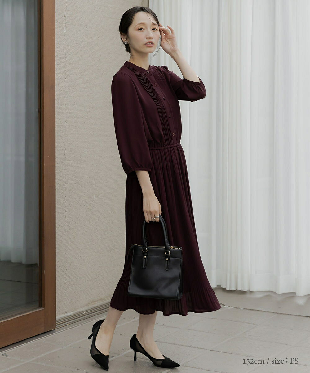 小さいサイズ ワンピース レディース 8分袖 ピンタック プリーツ パーティー きれいめ 結婚式 お食事会 お出かけ ロング マキシ 大人可愛い 低身長 小柄 XS SS S プッチージョ petitjo - Image 2