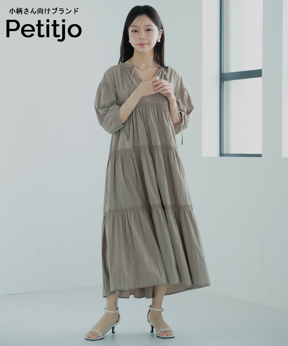 小さいサイズ キーネックティアードワンピース 低身長さん・小柄女性 レディース ワンピース キーネック ティアード フレア Aライン マキシ丈 七分袖 7分袖 春 春新作 xs ss プッチージョ Petitjo